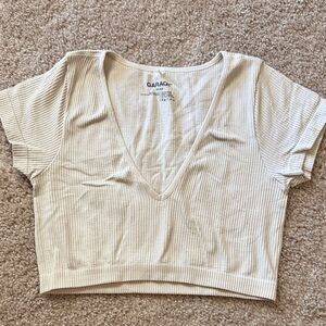 Garage Cream Ribbed V-Neck Crop Top